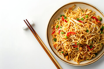 Plate of tasty Chinese noodles with on white background.