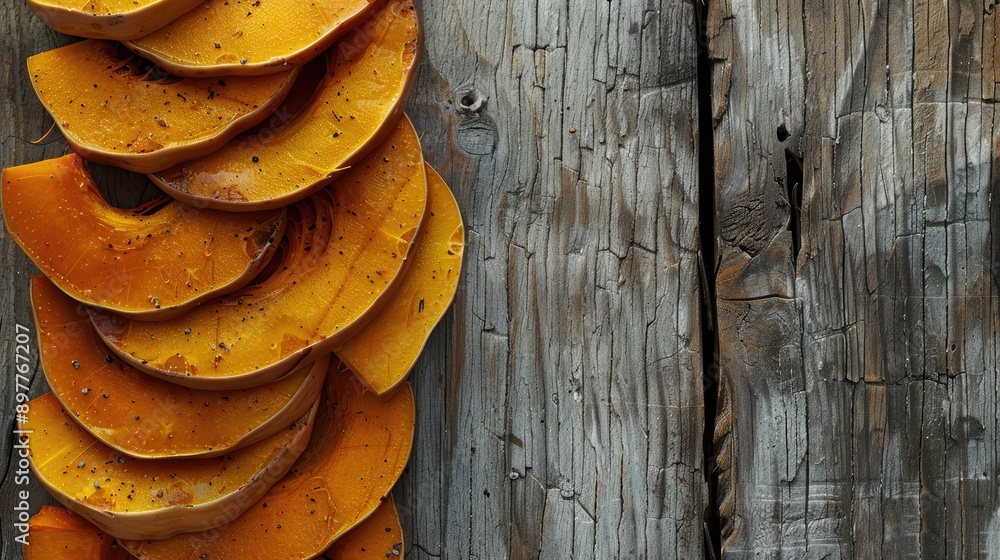 Sticker Butternut squash slices on rustic wood with intentional shading