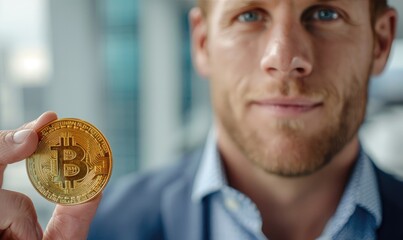 Handsome Man Holding Bitcoin in Luxury Penthouse Office