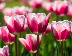 Pink tulip bloom, red beautiful tulips field in spring time with sunlight