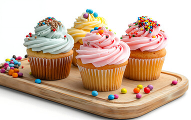 Board and plate of tasty Cupcake with on white background.