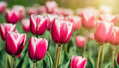 Pink tulip bloom, red beautiful tulips field in spring time with sunlight