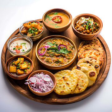 Board and plate of tasty Daal Baati Churma with on white background.
