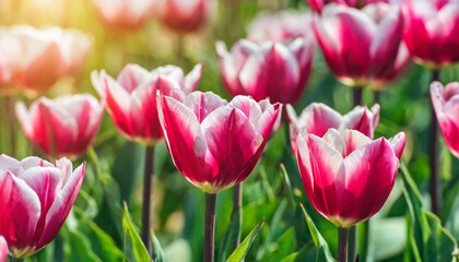 Pink tulip bloom, red beautiful tulips field in spring time with sunlight