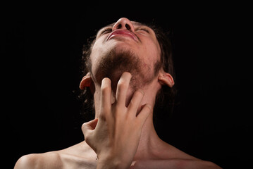 Fototapeta premium Man, shirtless, scratching his neck with one hand. Skin disease. Irritation, allergy.