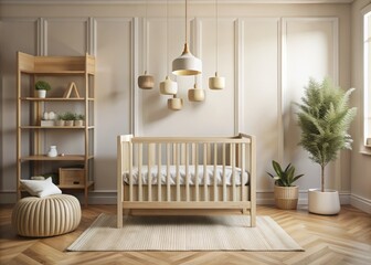 baby room mockup with crib. Bedroom design template. Neutral tones in the interior.