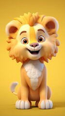 Fototapeta premium cute lion cartoon 3d render with one color background, generative ai