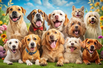 Diverse group of happy dogs from different breeds, including bulldog, poodle, beagle, and golden retriever, crowded together in a playful, colorful scene.