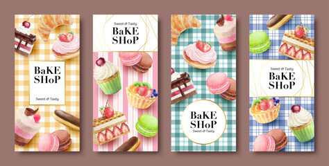 Bake shop social media stories template. Trendy dessert watercolor vector  Illustrations on vintage tablecloth backgrounds.