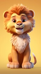 cute lion cartoon 3d render with one color background, generative ai
