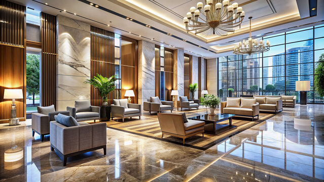 Modern luxurious hotel lobby with sleek marble floors, elegant furnishings, and large windows, perfect for corporate events and high-end business meetings atmosphere.