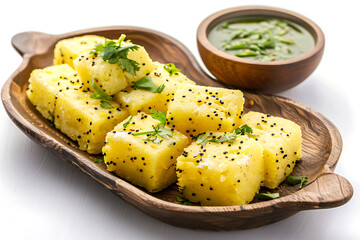 Plate of tasty Dhokla with on white background.