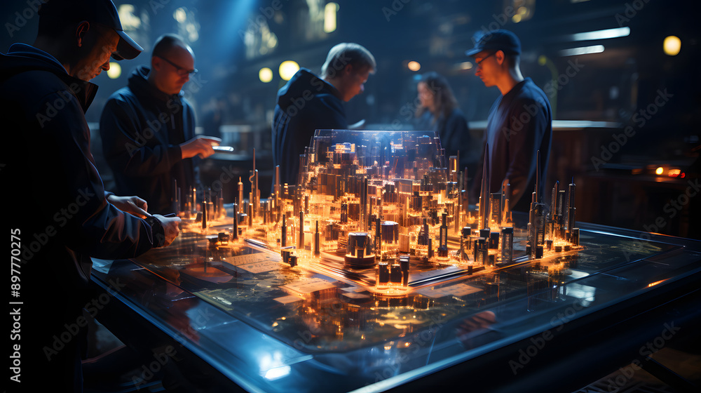 Poster a group of people stand around a table displaying a glowing model of a futuristic city. they appear 