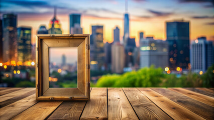 Natural wooden background with empty retro style poster frame and blurred-out cityscape environment, perfect for showcasing graphic designs or marketing materials.