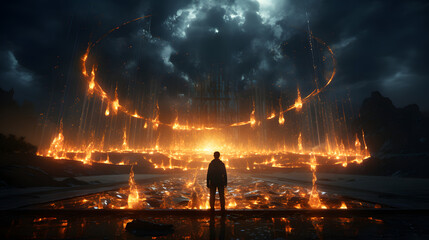 A lone figure stands in a surreal landscape of fire and light.