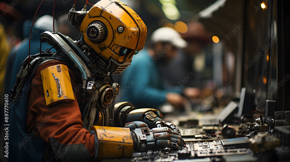 Poster a robot with a yellow helmet and orange suit works on a table with wires and an electronic circuit b