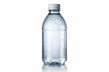 Fototapeta premium Sparkling clear plastic water bottle with screw-top lid and rounded shape sits isolated on a clean white background, filled with refreshing crystal-clear drinking water.