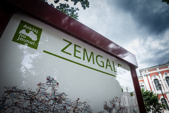 JELGAVA, LATVIA - AUGUST 18, 2023: Touristic Map of Zemgale Region in Jelgava, Latvia. Zemgale is the southern region of Latvia.