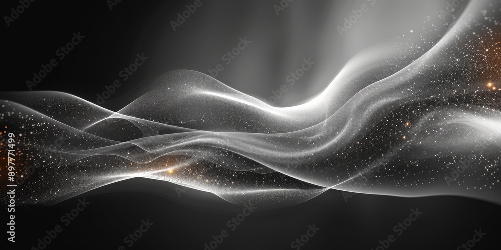 Poster abstract digital art with flowing lines and glitter particles on a black backdrop, elegant and myste
