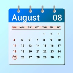 vector page of August month calendar and highlighted date August 25