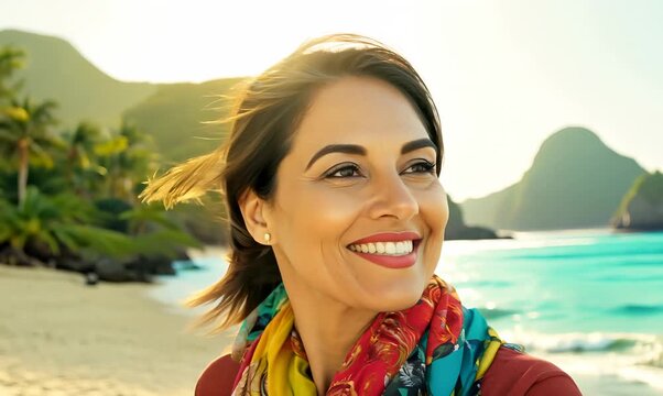 Medium shot portrait video of a pleased woman in her 40s wearing a foulard against an island or beach paradise background