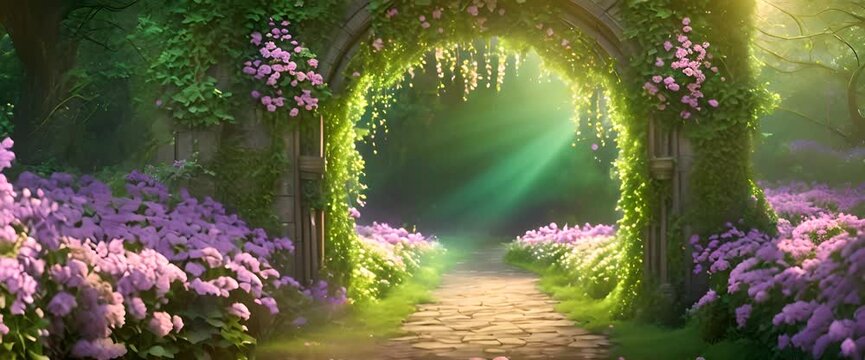 A fantasy mysterious tunnel with blooming flowers in the forest, glowing with soft, magical light