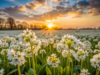 Fototapeta premium field of daisies, field, spring, meadow, summer, grass, sky, plant, flowers, yellow, sun, blossom, landscape, garden, white