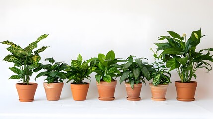 Various potted plants lined up on a white background