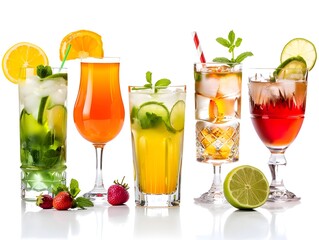 Assorted refreshing cocktails in various glasses isolated on white background