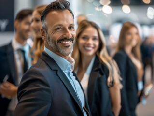 Fototapeta premium Trade shows help a man and a woman build brand loyalty, analyze competitors, and form partnerships. They also provide media coverage to promote their brand widely.
