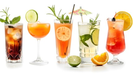 Assorted refreshing cocktails in various glasses isolated on white background