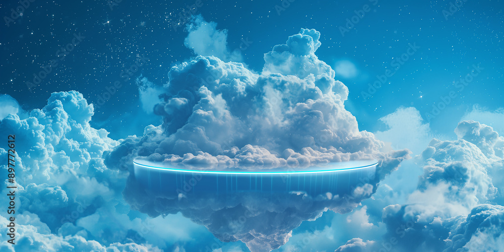 Aufkleber Futuristic empty podium floating on cloud computing platform in the sky
