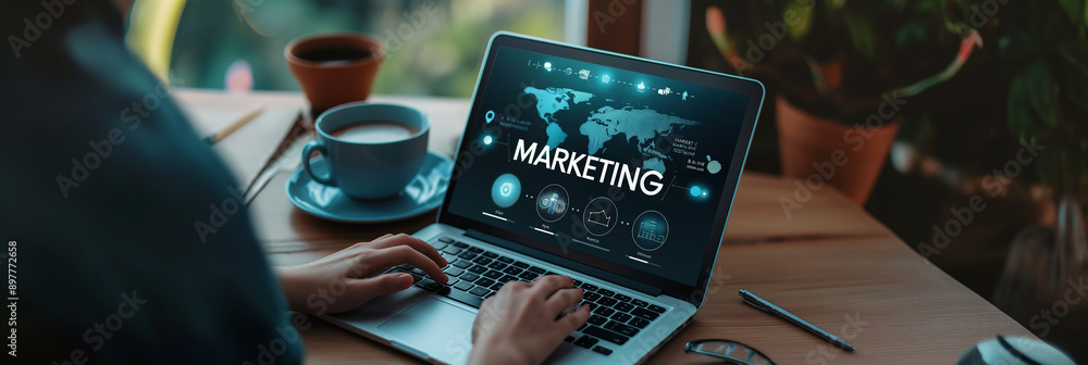 Aufkleber marketing manager working on laptop with global marketing software on screen