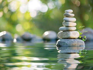 Obraz premium Balanced stone stacks on tranquil water surface reflect