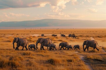 Naklejka premium Elephants move as a united group across the broad grasslands, with the setting sun casting a warm glow. The aerial shot captures their majestic grandeur in the wild.