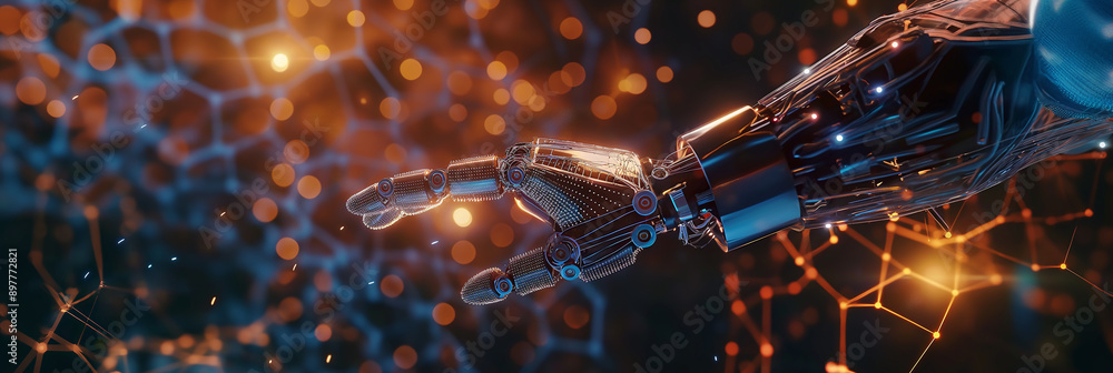 Poster robotic arm reaching out in a network of connections