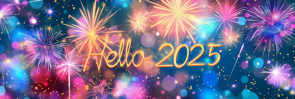 Aufkleber hello 2025 greeting with colorful fireworks exploding on a festive night sky background