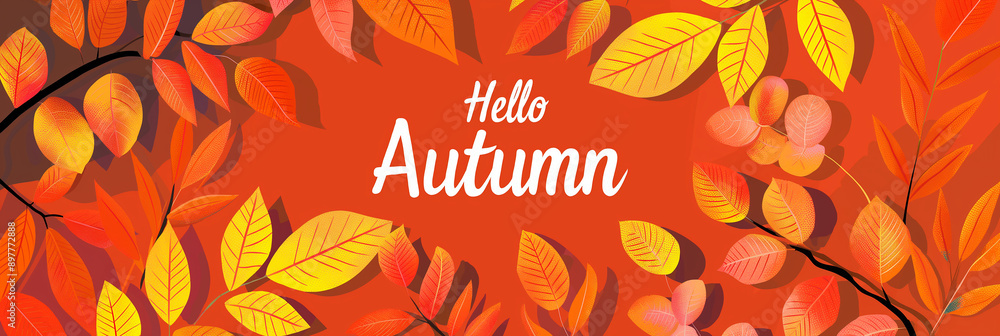 Poster autumn leaves background with hello autumn text