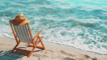 beach chair with a straw hat on top of it