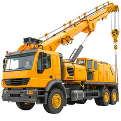 Fototapeta premium Heavy Duty Crane: Powerful yellow construction crane isolated on white background. A symbol of heavy lifting, construction, and industry. 