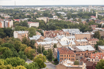 Fototapeta premium Aerial panorama of the center of riga, residential buildings and the old town of the city in background. Riga is the capital city of Latvia.
