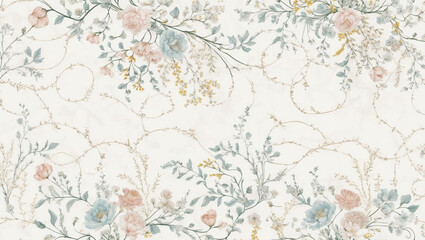 Seamless Abstract Delicate White Floral Pattern With Light Pink, Yellow, And Blue Flowers