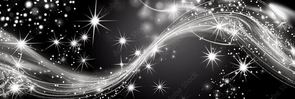 Poster abstract black and white background with sparkling stars and swirling lines