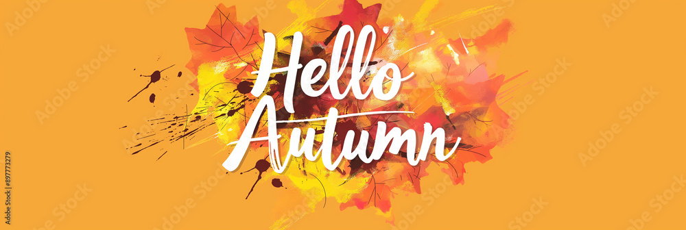 Poster hello autumn text with colorful watercolor leaves splashing on orange background