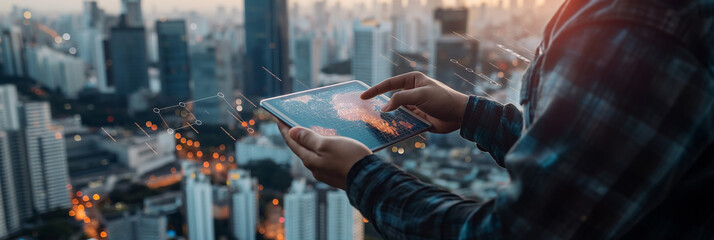 Businessman using digital tablet analyzing business data charts over cityscape