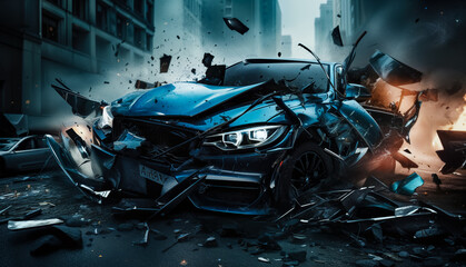 Devastating Car Crash in the City: A Wrecked Blue Car with Shattered Glass and Debris Illustrates the Dangers of Reckless Driving.