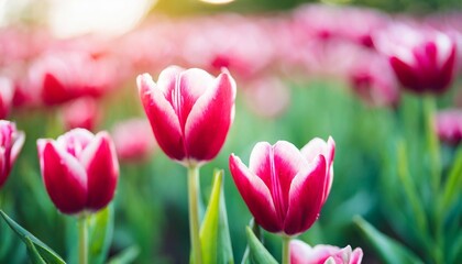 Pink tulip bloom, red beautiful tulips field in spring time with sunlight