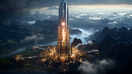 A towering futuristic skyscraper pierces the clouds above a vast mountain range. The city below is bathed in warm, inviting light.