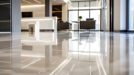 State-of-the-art showroom with epoxy resin flooring, high gloss and perfect coverage, sleek design with modern furnishings, light reflecting off the shiny surface