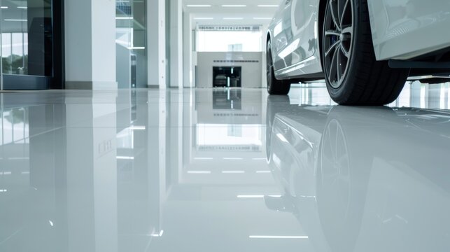 State-of-the-art showroom with epoxy resin flooring, high gloss and perfect coverage, sleek design with modern furnishings, light reflecting off the shiny surface